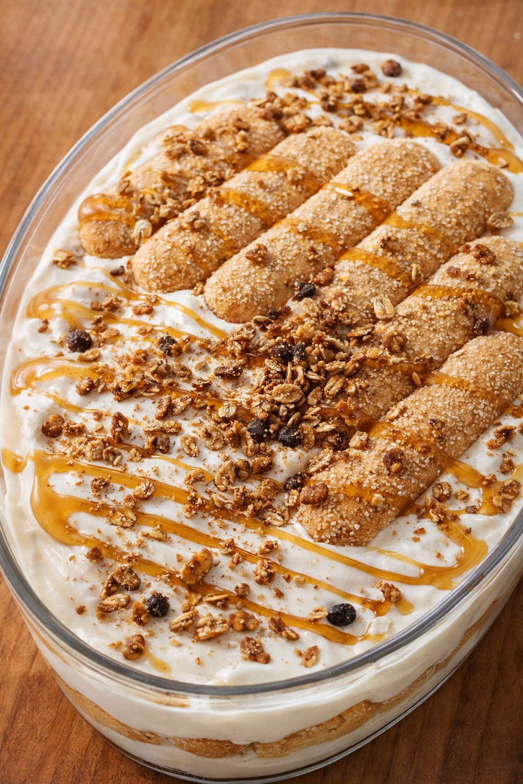 Pavê de biscoito champanhe com iogurte grego, mel e granola servido em refratário de vidro